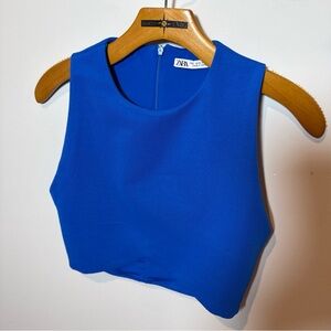 Zara Women's Vibrant Blue Sleeveless Crop Top small